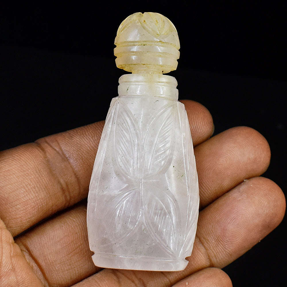 gemsmore:Stunning Rose Quartz  Hand Carved Genuine Crystal Gemstone Carving Perfume Bottle