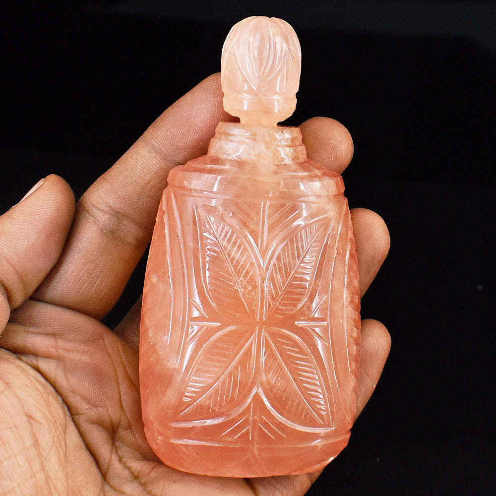 gemsmore:Stunning Rose Quartz Hand Carved Genuine Crystal Gemstone Carving Perfume Bottle