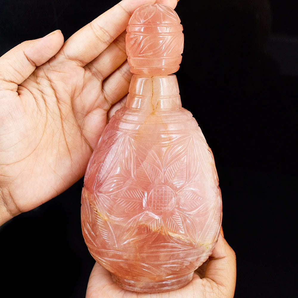 gemsmore:Stunning Rose Quartz Hand Carved Genuine Crystal Gemstone Carving Perfume Bottle