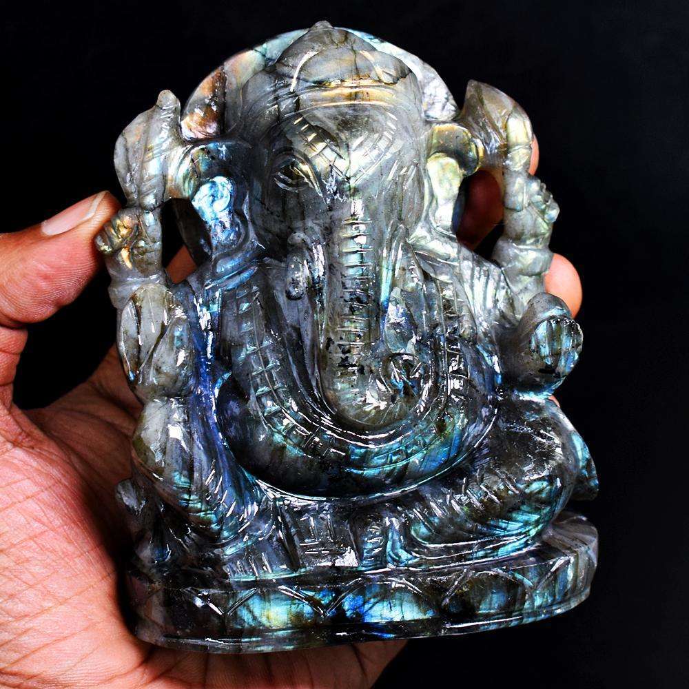 gemsmore:Stunning Sunset Flash Labradorite Hand Carved Genuine Crystal Gemstone Carving Lord Ganesha