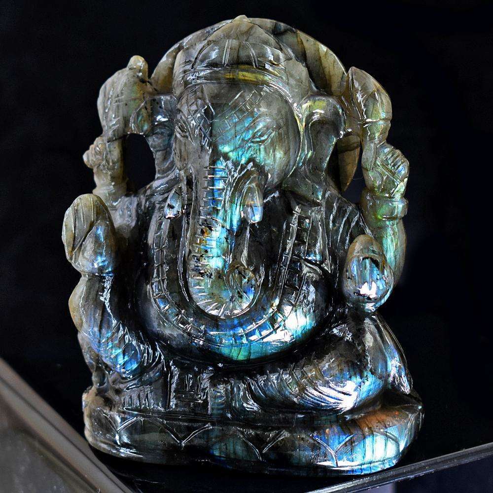 gemsmore:Stunning Sunset Flash Labradorite Hand Carved Genuine Crystal Gemstone Carving Lord Ganesha